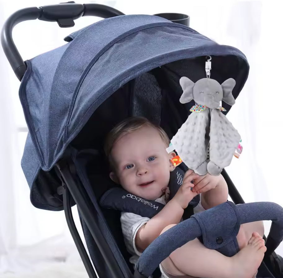 Doudou bébé doux et sensoriel éléphant Gris avec anneau de dentition