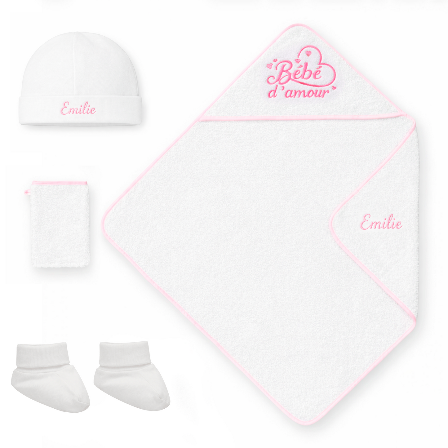 Coffret naissance bébé blanc et rose comprenant cape de bain brodée bébé d’amour, bonnet, chaussons et gant de toilette assortis