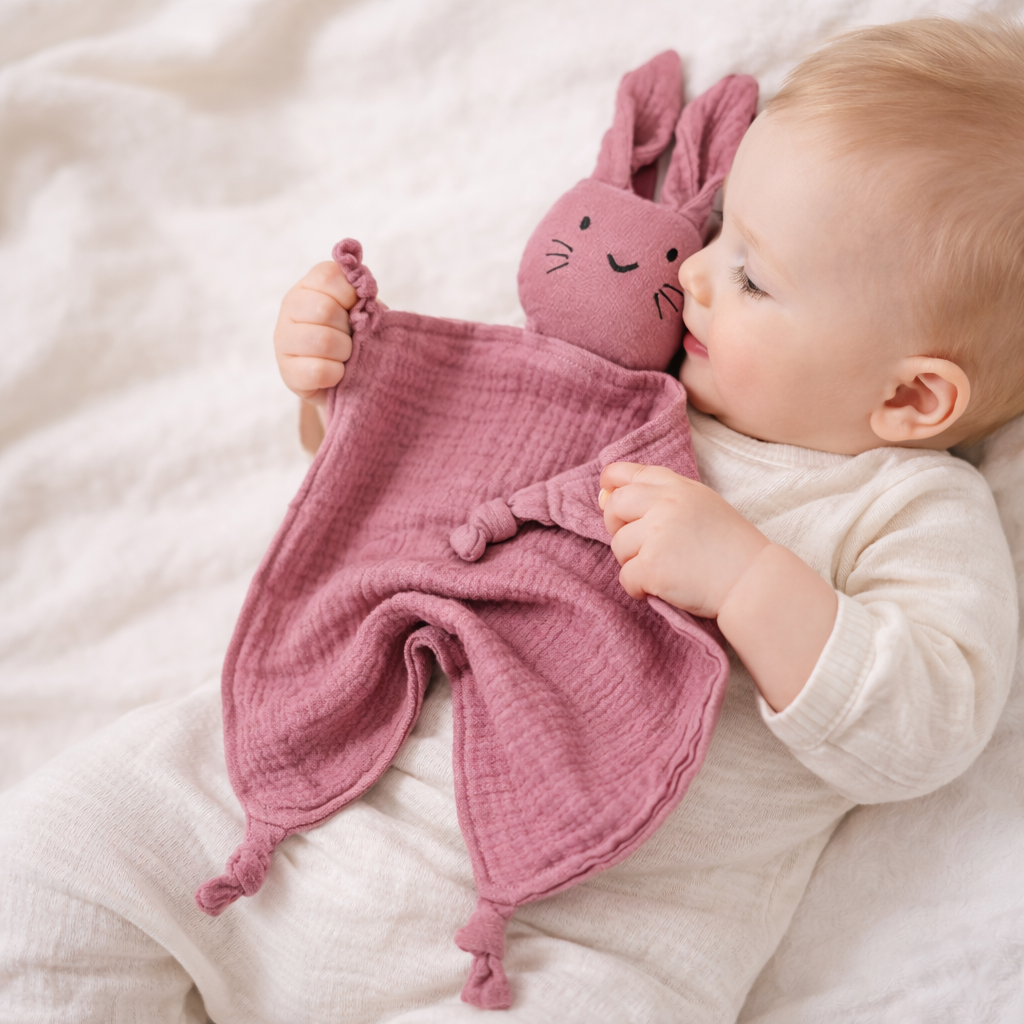 enfant avec Doudou bébé lapin en gaze de coton – léger et apaisant