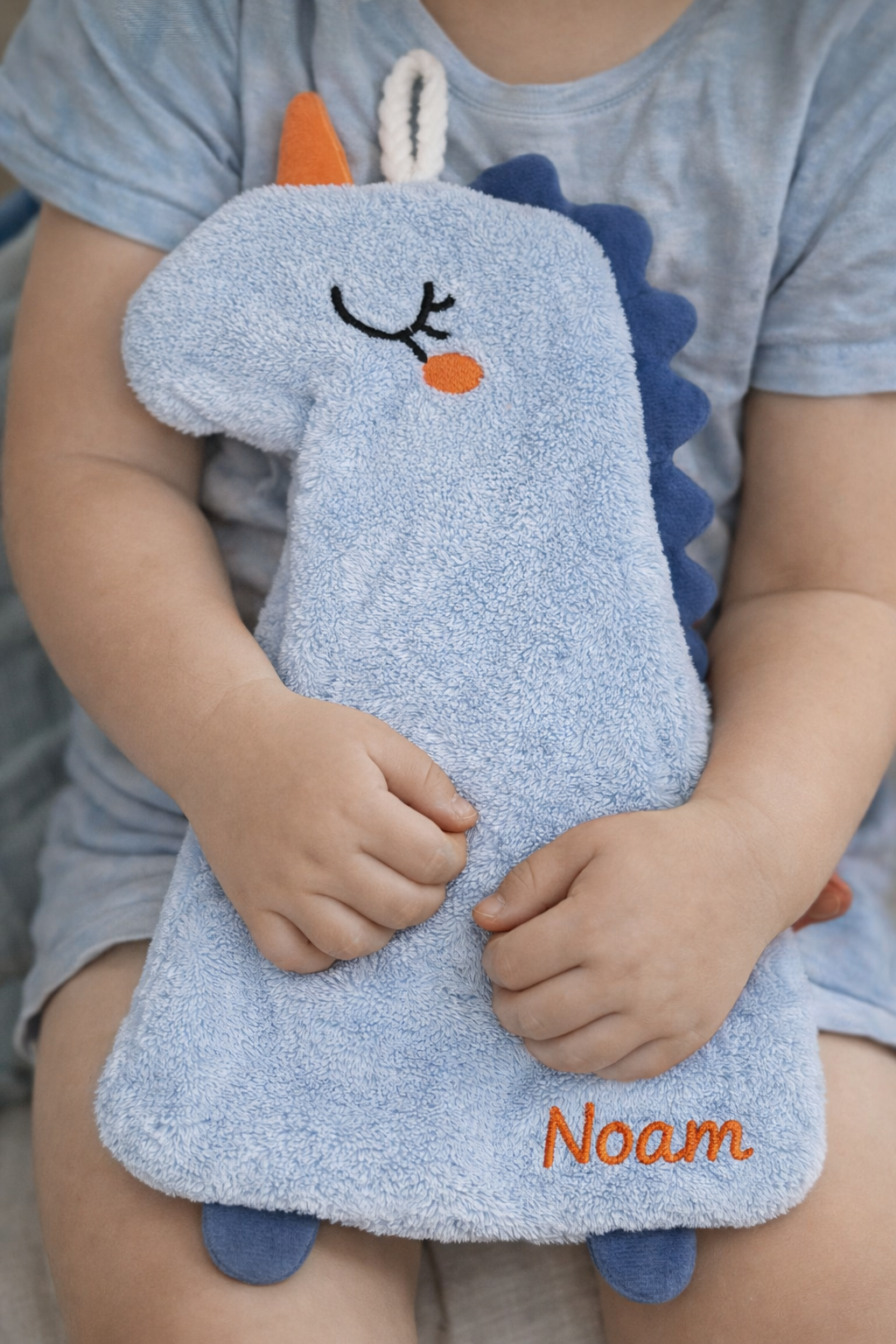 dans les bras d'un enfant Doudou dinosaure bleu personnalisé Noam en broderie