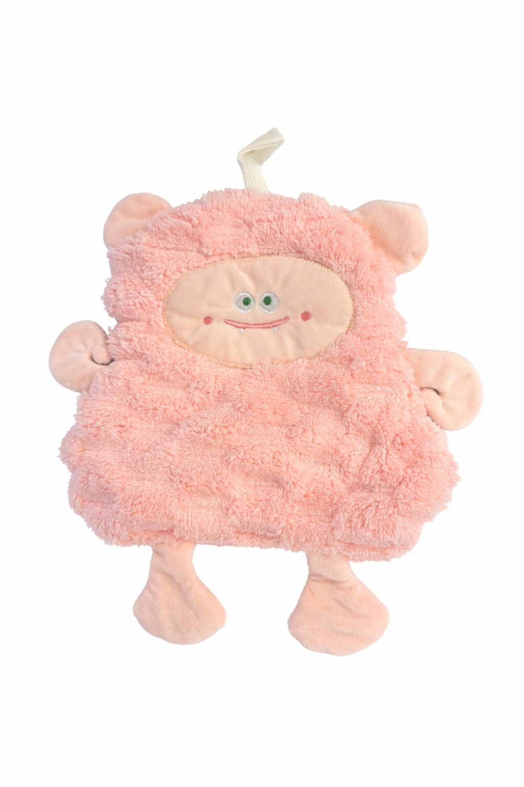 Doudou peluche rose bébé en tissu très doux avec visage brodé et attache