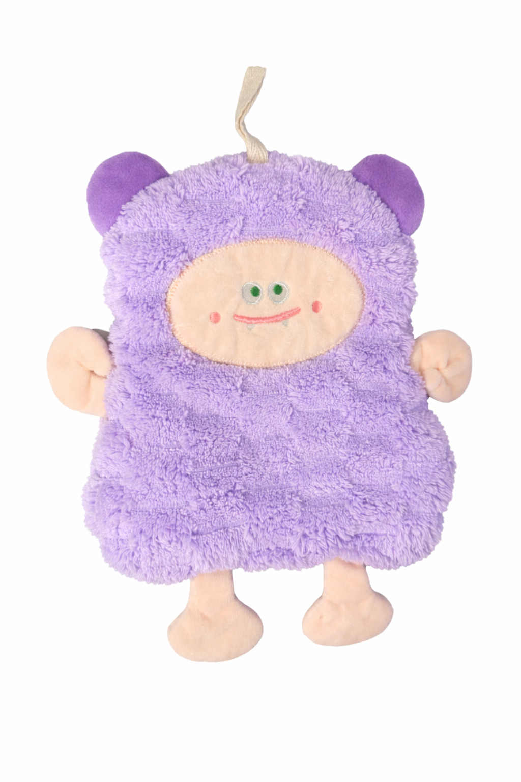 Peluche violette en tissu doux avec visage souriant brodé, posée sur fond blanc