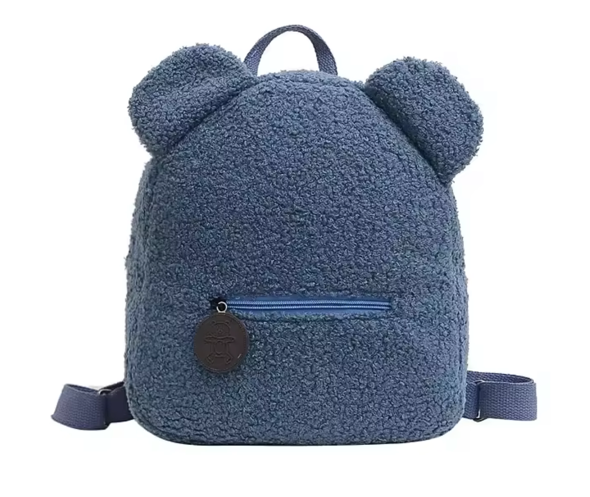 Sac à dos en tissu bouclette avec oreilles et poche zippée, personnalisable bleu
