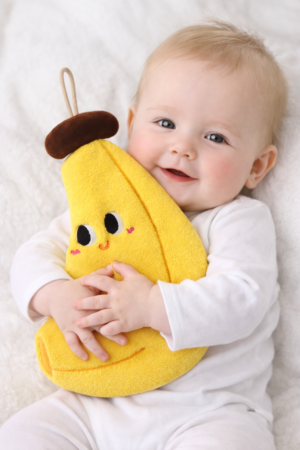 bebe jouant avec un doudou en forme de fruit banane doux et coloré, peluche ludique et rassurante pour l’éveil des tout-petits