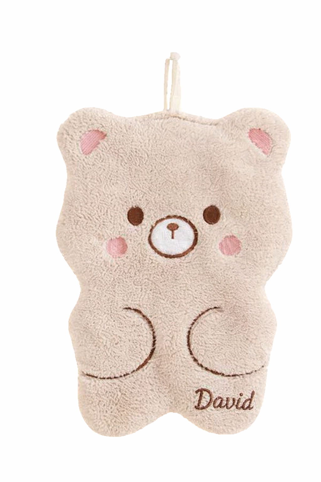 Bébé souriant tenant un doudou ours beige personnalisé avec broderie, doux et adapté dès la naissance, idéal comme cadeau bébé