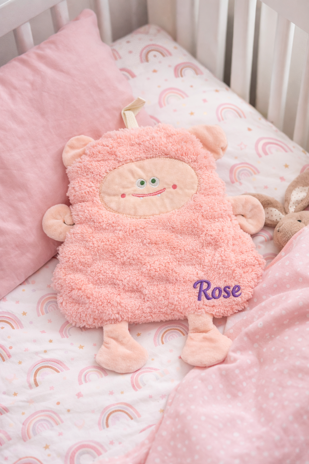 Bébé fille dans son lit tenant un doudou rose personnalisé avec le prénom Rose brodé