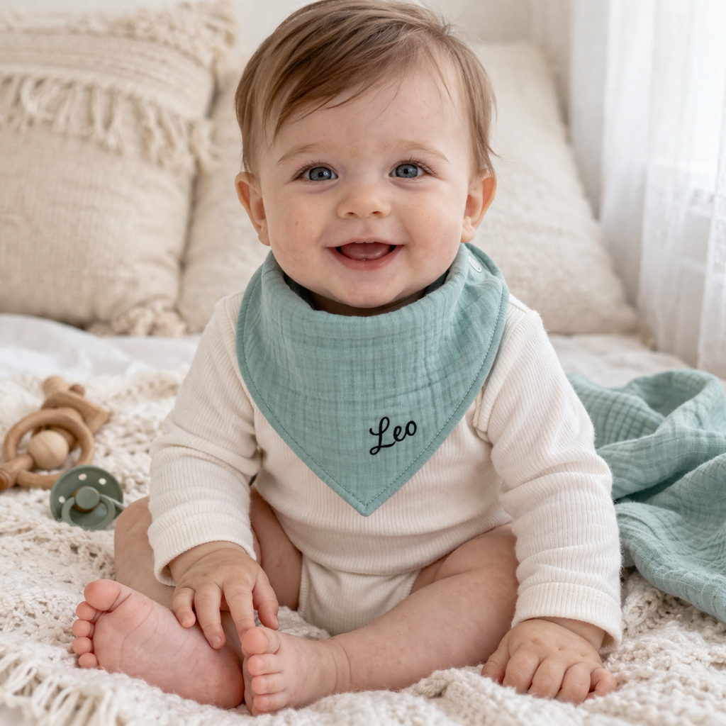 Bandana bébé personnalisé en gaze de coton bleu  – bavoir avec prénom Simon