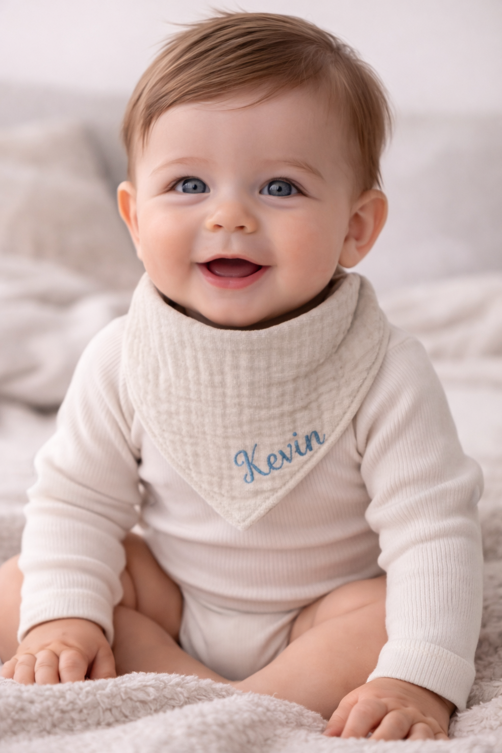 Bébé portant un bandana vert en gaze de coton personnalisé avec le prénom Kevin, bavoir doux et absorbant