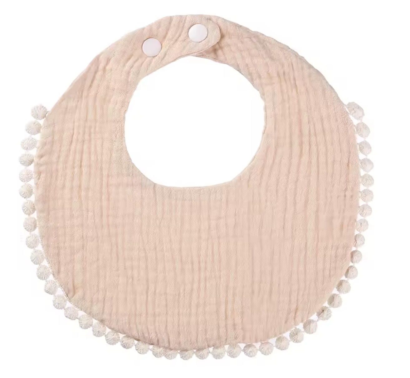 Bavoir bébé rond beige en gaze de coton avec bordure pompons et fermeture à pressions