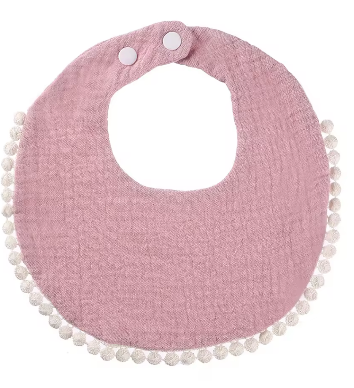 Bavoir bébé rond rose en gaze de coton avec bordure pompons et fermeture à pressions