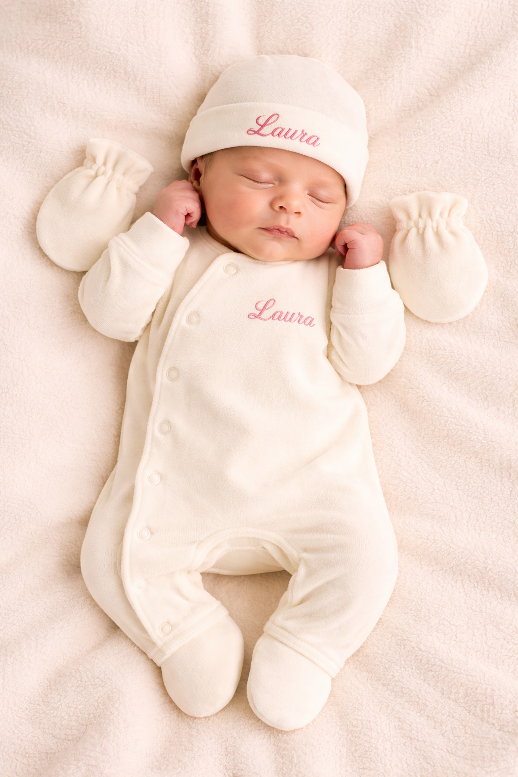 Nouveau-né portant un body écru personnalisé avec le prénom Laura brodé en rose, accompagné d’un bonnet et de moufles assortis, allongé sur une couverture douce.