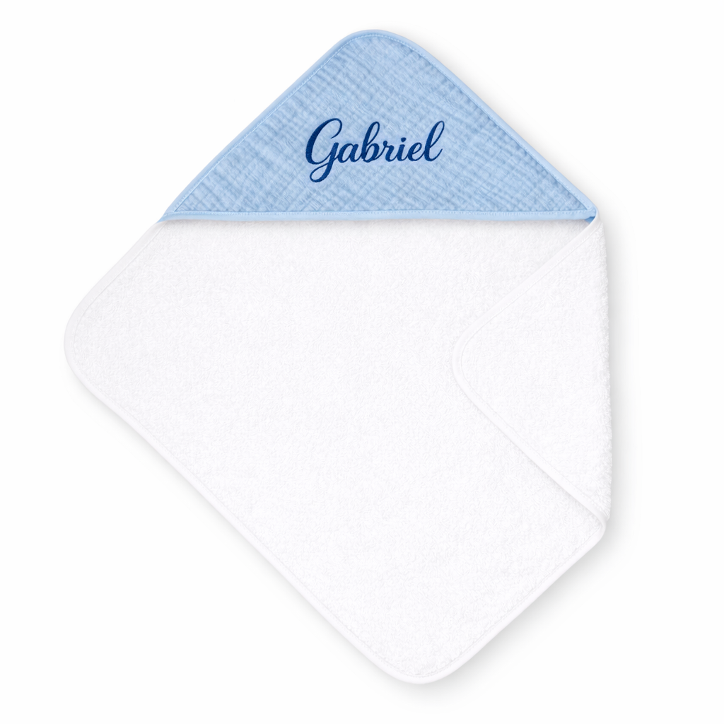 Cape de bain bébé blanche avec capuche bleu
