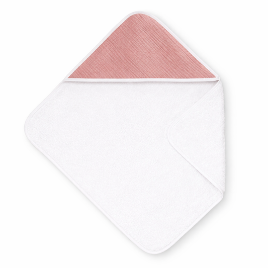 Cape de bain pour bébé en tissu blanc avec capuche triangulaire rose, vue à plat sur fond blanc 