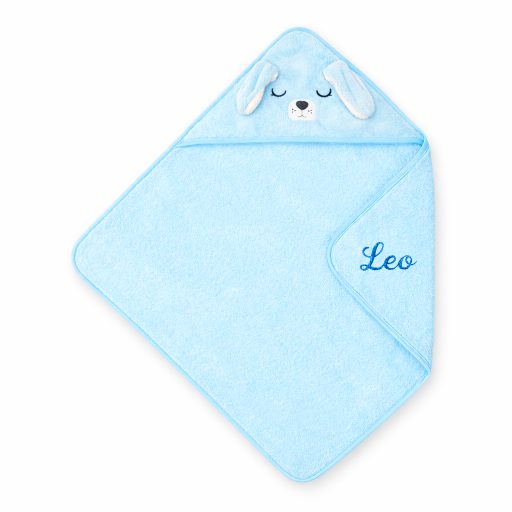 Cape de bain bébé bleue avec capuche motif animal personnalisée