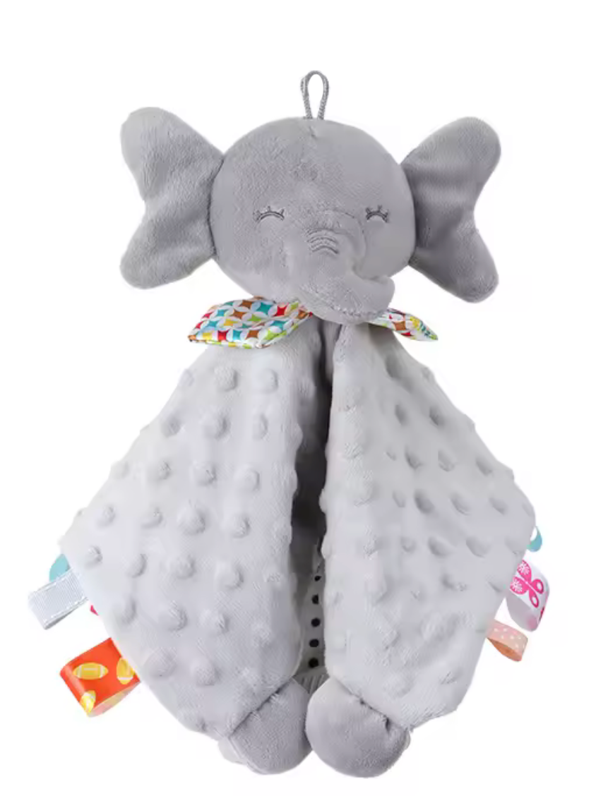 Doudou bébé doux et sensoriel éléphant Gris avec anneau de dentition