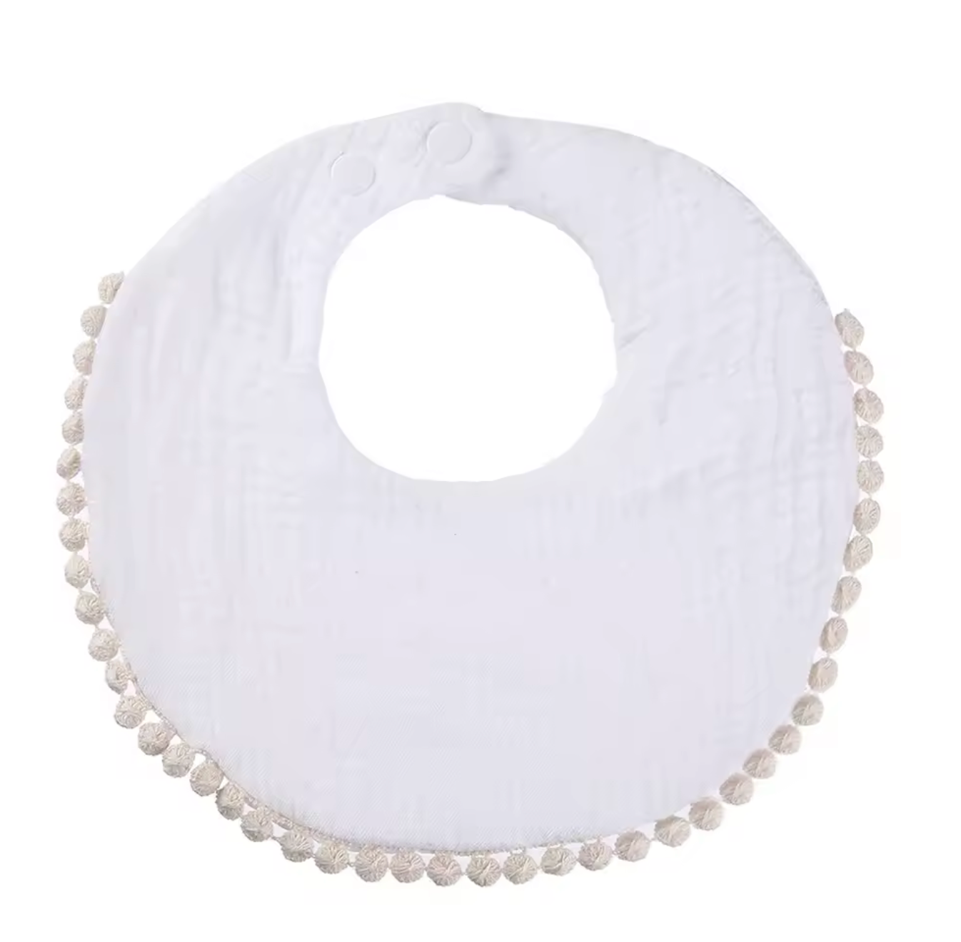Bavoir bébé rond blanc  en gaze de coton avec bordure pompons et fermeture à pressions