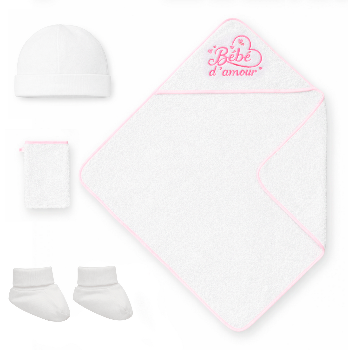 Coffret naissance Cape de bain , bonnet, chaussons et gant de toilette blanc & Rose