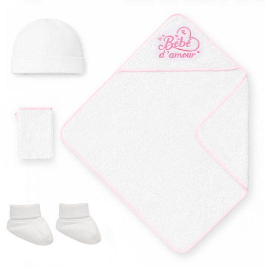 Coffret naissance Cape de bain , bonnet, chaussons et gant de toilette blanc & Rose