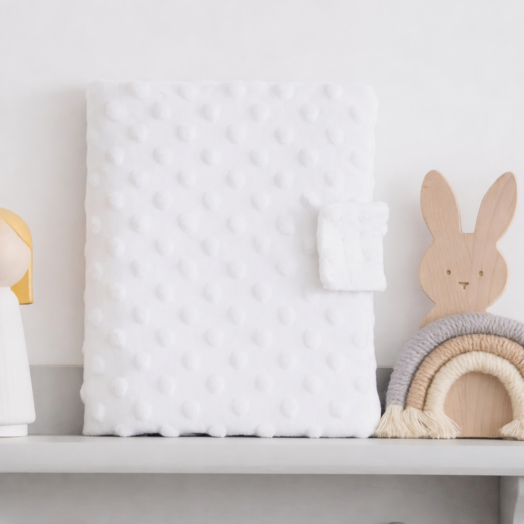 Carnet de santé pour bébé en tissu doux  clair avec motifs en relief, posé sur une étagère à côté d’un jouet en bois en forme de lapin et d’un arc-en-ciel décoratif.