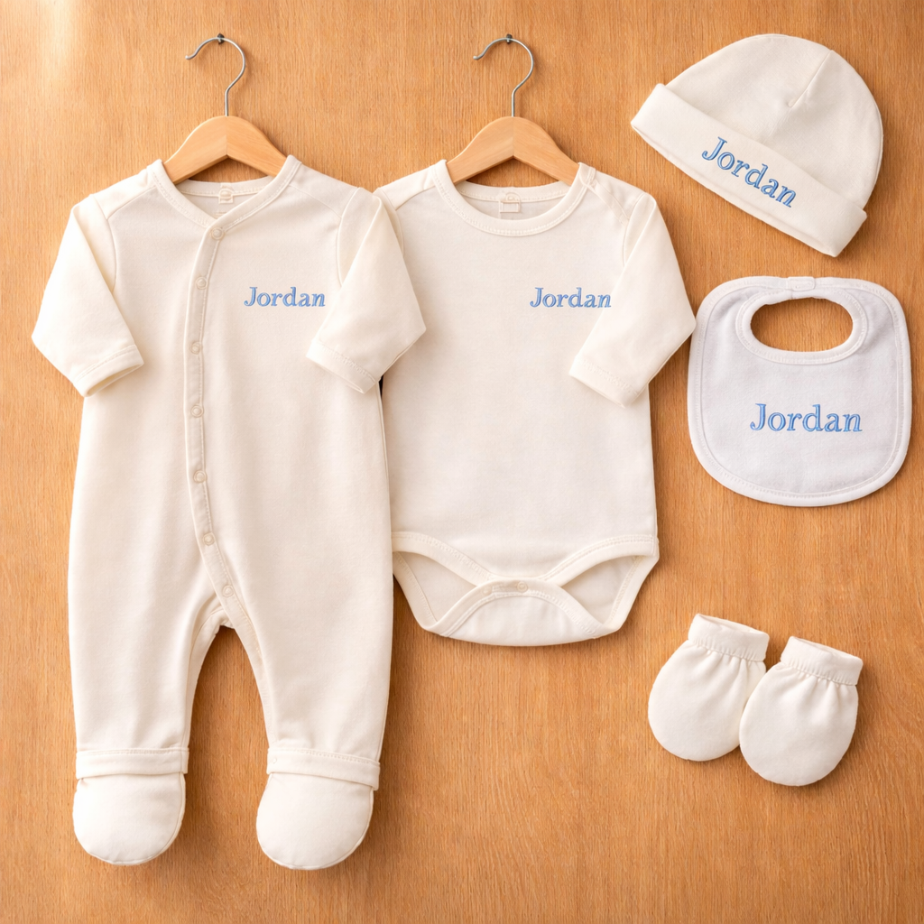 Ensemble naissance personnalisé en coton 5 pièces écru