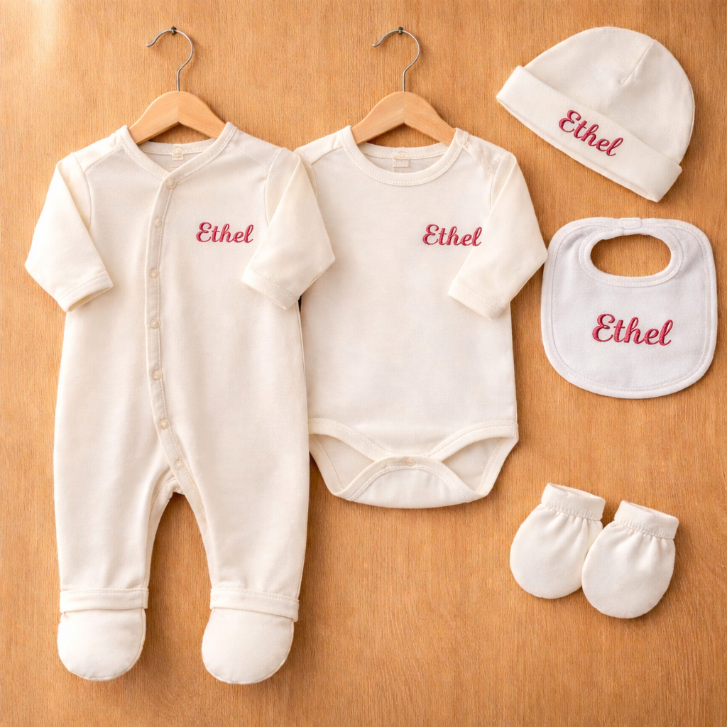 Ensemble naissance personnalisé en coton 5 pièces écru