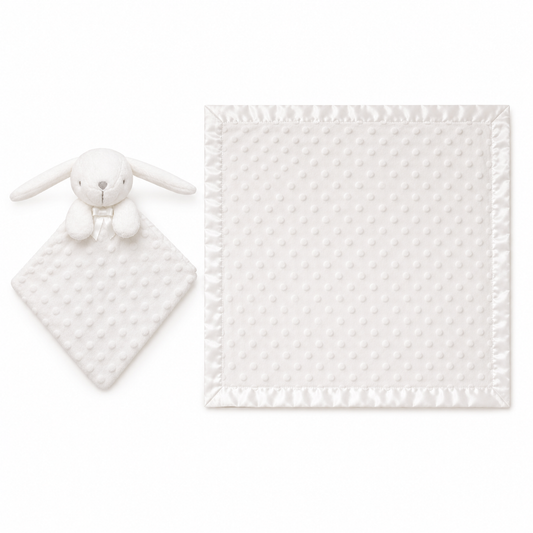 Plaid Bébé a pois  avec Doudou Lapin Assorti – Ultra Doux et Personnalisable Blanc