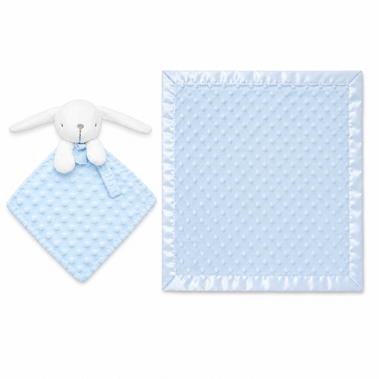 Plaid Bébé a pois  avec Doudou Lapin Assorti – Ultra Doux et Personnalisable Bleu ciel