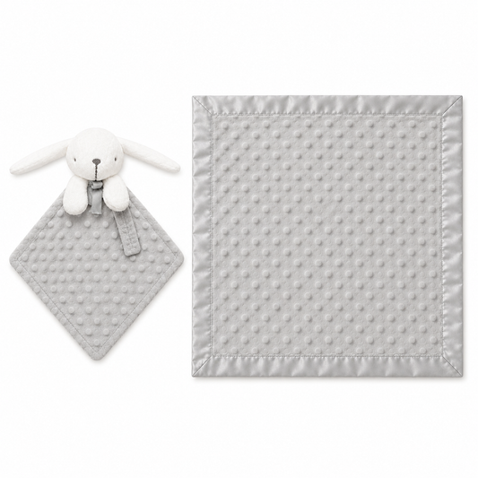 Plaid Bébé a pois  avec Doudou Lapin Assorti – Ultra Doux et Personnalisable Gris