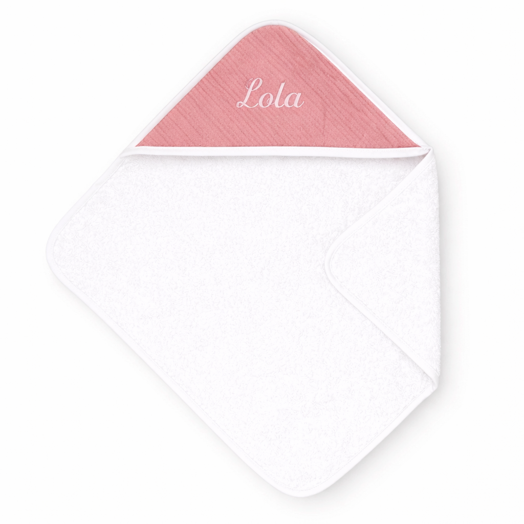 Cape de bain bébé + un gant de toilette personnalisée Rose