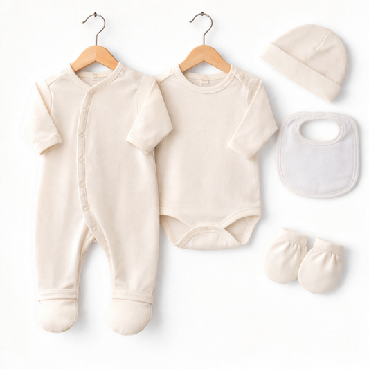 Ensemble naissance personnalisé en coton 5 pièces écru