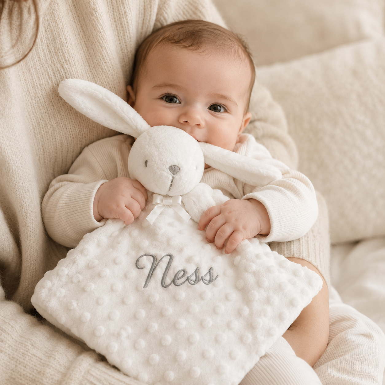 Plaid Bébé a pois  avec Doudou Lapin Assorti – Ultra Doux et Personnalisable Blanc