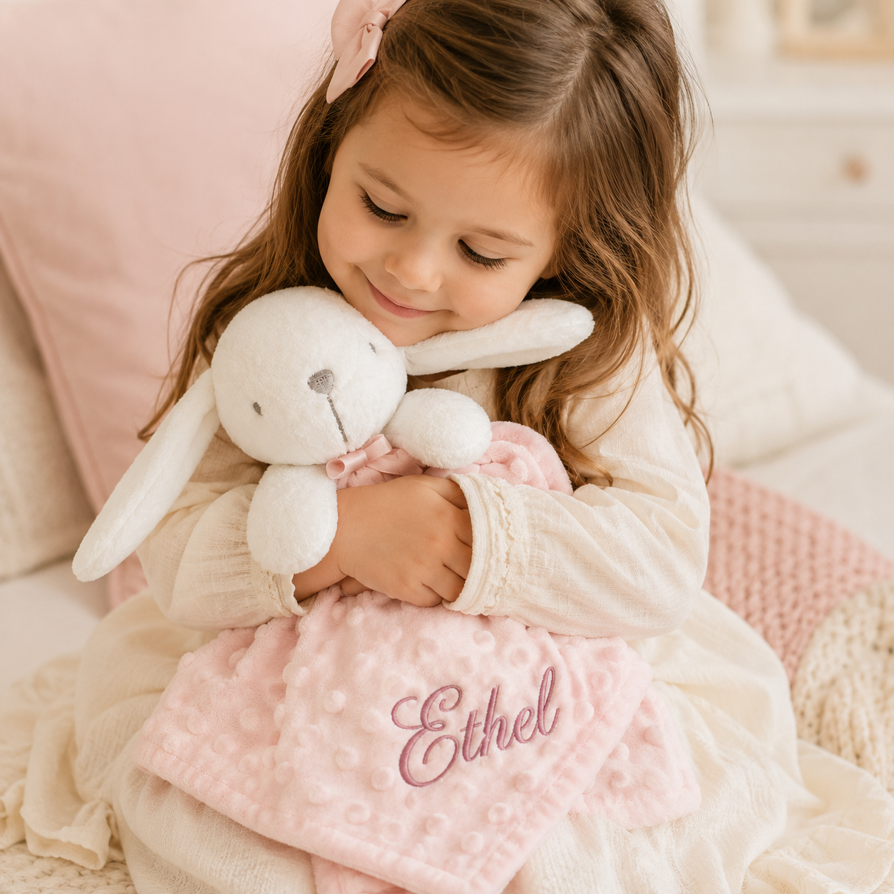 Plaid Bébé a pois  avec Doudou Lapin Assorti – Ultra Doux et Personnalisable rose