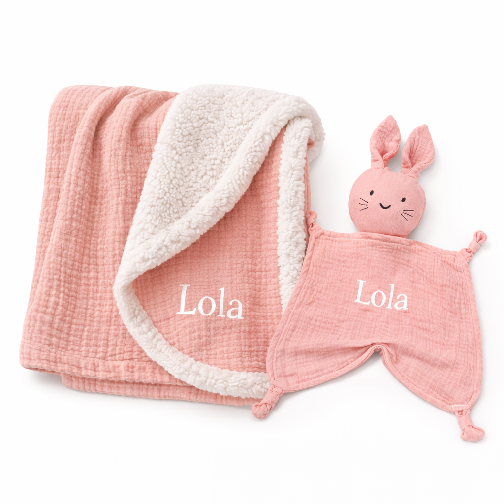 Coffret naissance personnalisé – Doudou lapin et couverture bébé en gaze de coton Gris