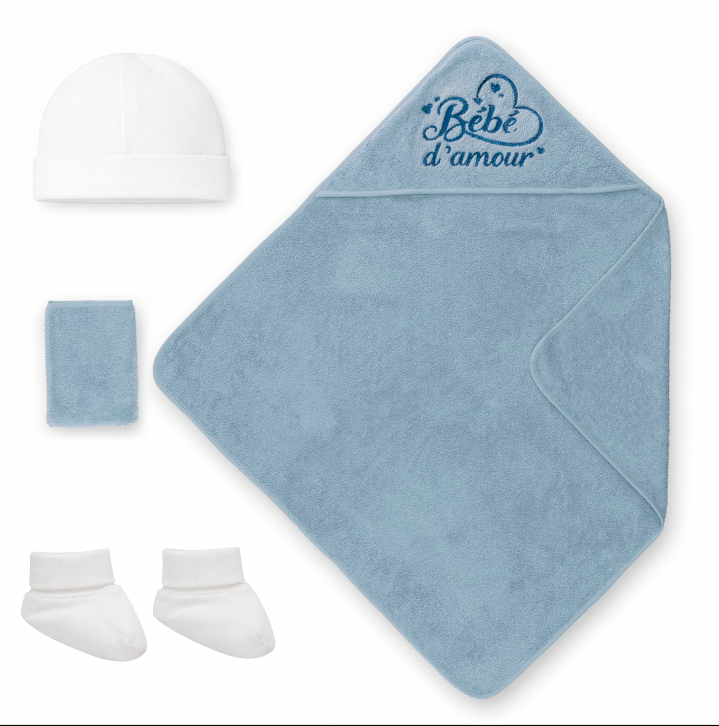 Coffret naissance bébé bleu personnalisé avec prénom Brahim comprenant cape de bain brodée, bonnet, chaussons et gant de toilette