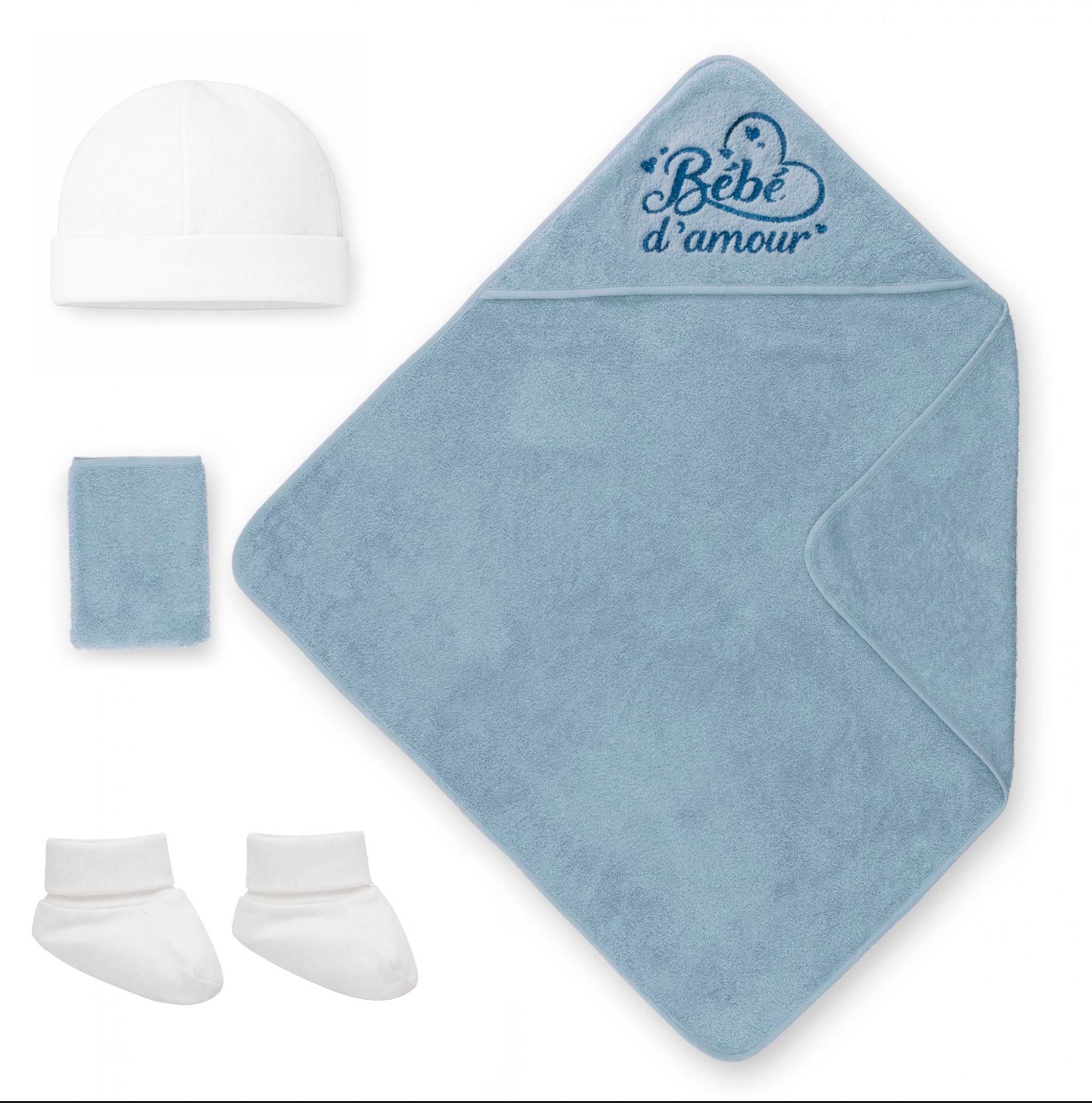 Coffret naissance bébé bleu personnalisé avec prénom Brahim comprenant cape de bain brodée, bonnet, chaussons et gant de toilette