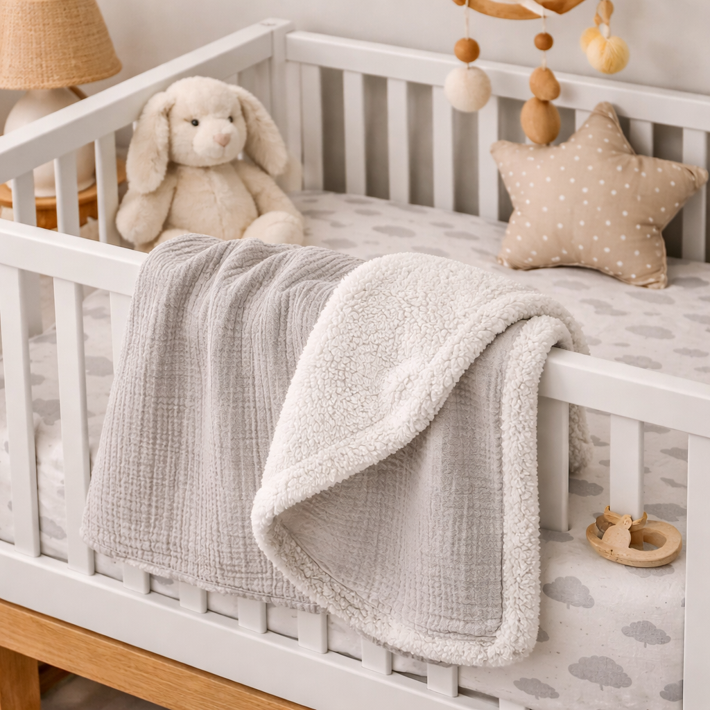 Couverture bébé Gris  en gaze de coton avec doublure pilou pilou posée sur lit bébé, plaid doux et chaud pour chambre bébé