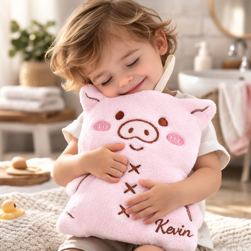 Doudou Bébé Ultra Doux – Doudou Naissance avec Attache Tétine cochon rose dans les bras d'un enfant 