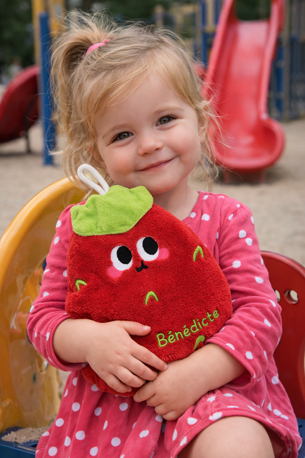 petite fille parc avec doudou fraise personnalisé bénédicte cadeau enfant réconfort douceur