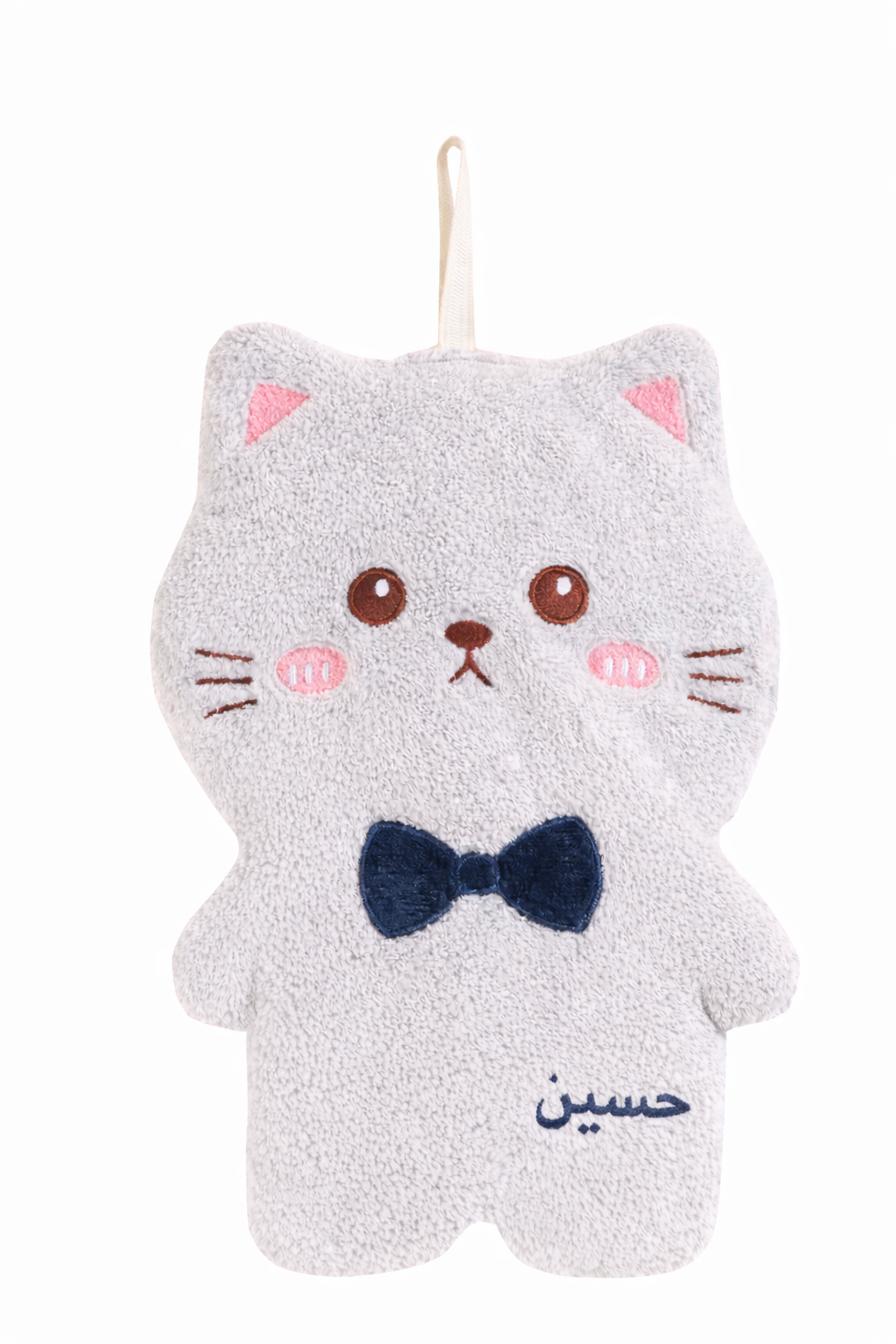 Doudou bébé chat gris ultra doux avec nœud papillon et attache tétine  broderie arabe