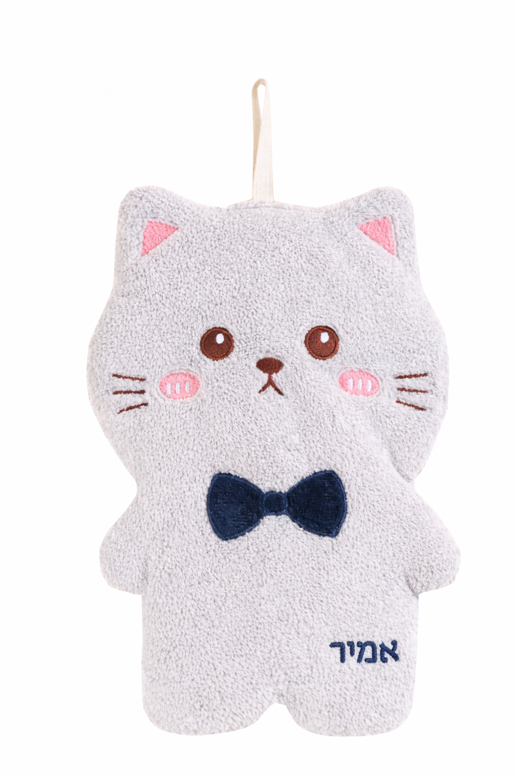 Doudou bébé chat gris ultra doux avec nœud papillon et attache tétine broderie hébreux 