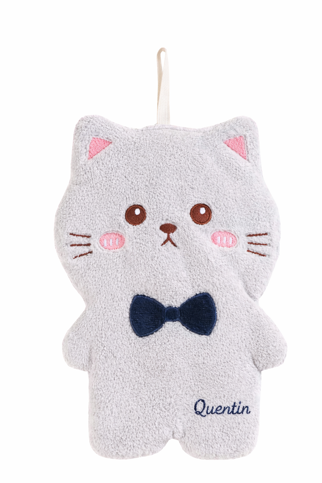 Doudou bébé chat gris ultra doux avec nœud papillon et attache tétine  broderie prénom
