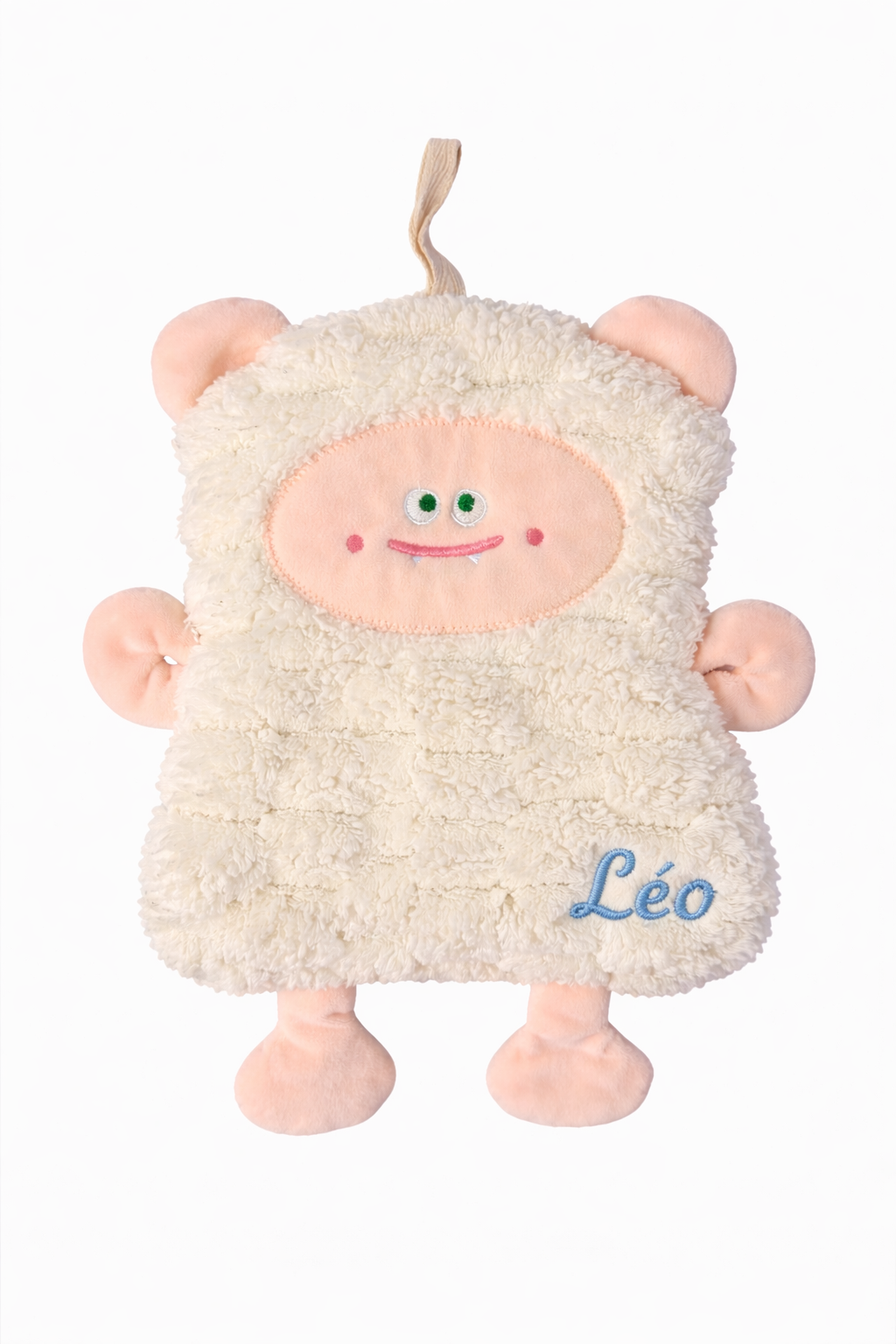 Doudou bébé crème ultra doux avec le prénom Léo brodé en bleu ciel en bas à droite