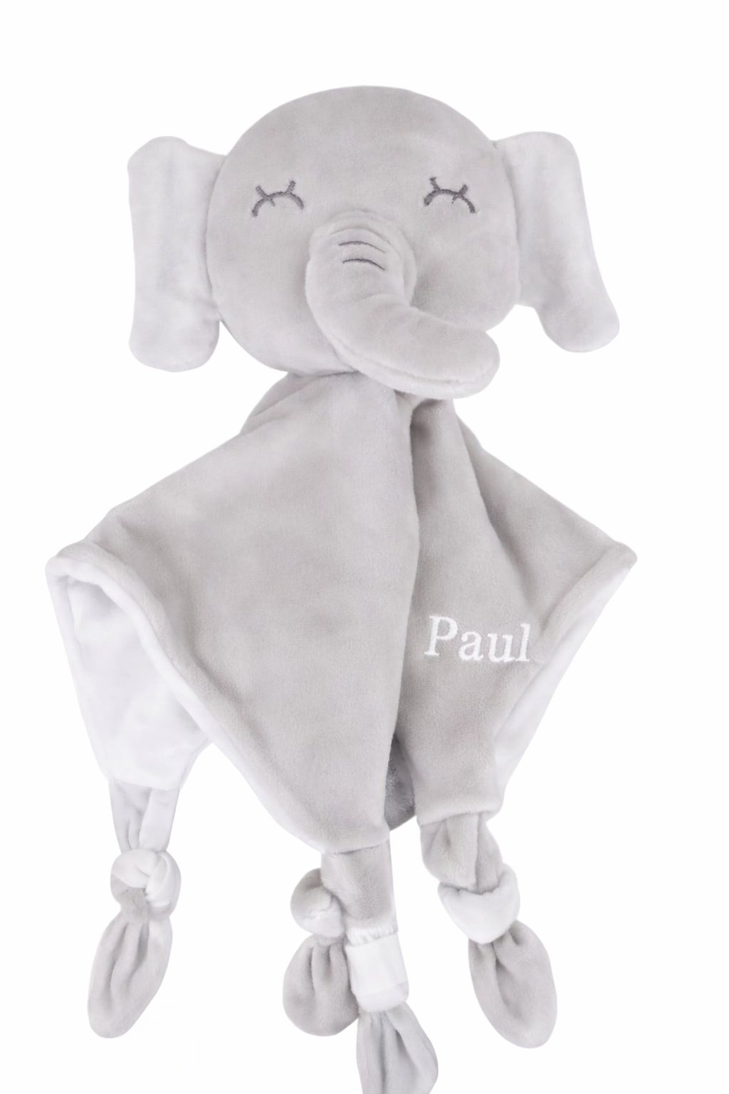 Doudou bébé en forme d’éléphant avec tissu doux et extrémités nouées, peluche légère et rassurante pour nouveau-né prenom broder