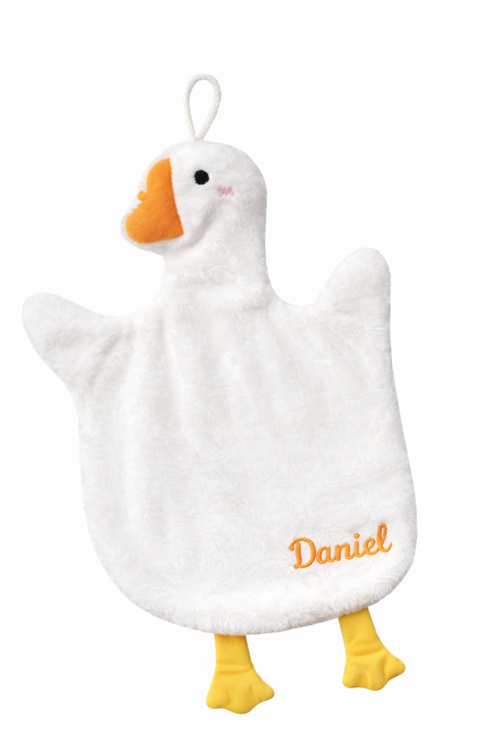 Doudou bébé en forme de canard avec prénom Daniel brodé, peluche douce et plate pour nouveau-né, compagnon de réconfort broderie 