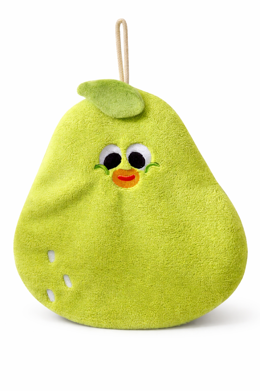 Doudou bébé en forme de fruit avec visage brodé et texture douce, peluche originale avec boucle pour suspendre