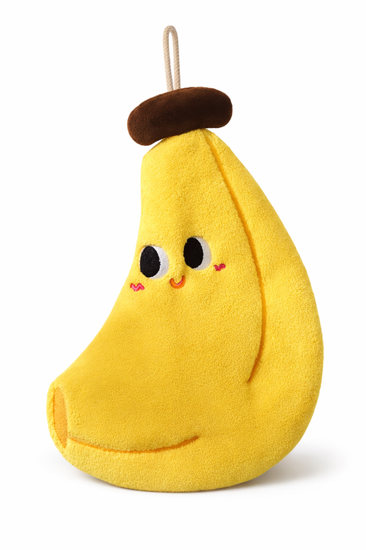 Doudou bébé en forme de fruit  Banane avec visage brodé et texture douce, peluche moelleuse avec boucle pour suspendre