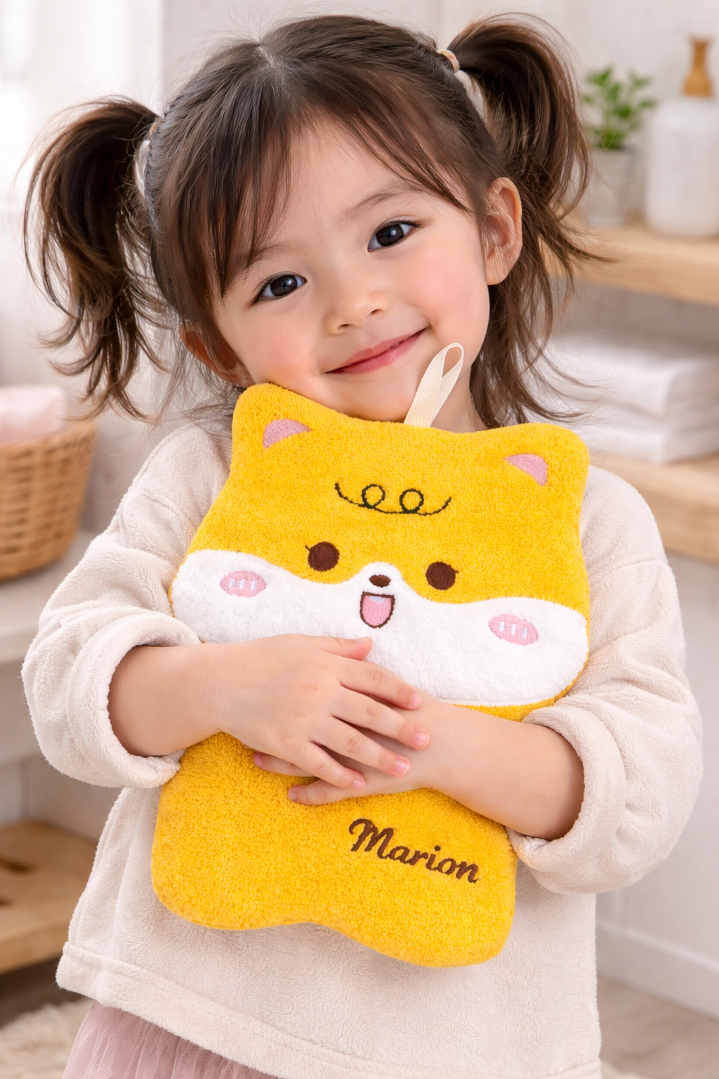 Doudou bébé jaune ultra doux avec attache tétine et boucle Avec prénom brodé avec enfant 