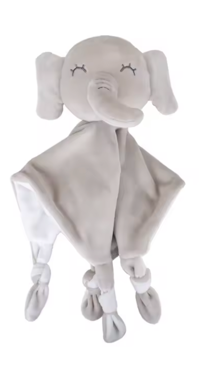 Doudou bébé en forme d’éléphant avec tissu doux et extrémités nouées, peluche légère et rassurante pour nouveau-né