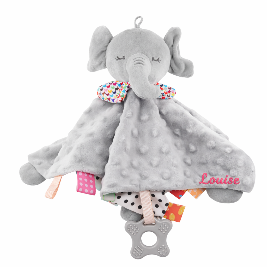 Doudou bébé éléphant gris personnalisé avec prénom Louise, peluche sensorielle avec rubans et anneau de dentition pour nouveau-né