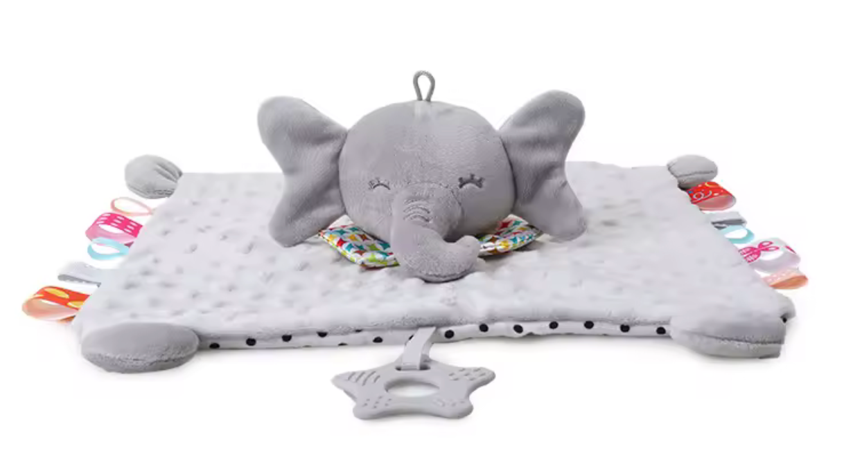 Doudou bébé éléphant plat avec tissu texturé, rubans sensoriels et anneau de dentition, peluche douce pour nouveau-né